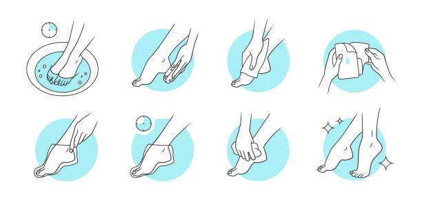 stockillustraties, clipart, cartoons en iconen met bath foot care. beauty body pedicure with spa cosmetic. peeling mask icons. woman touching to toes and heels. girl applying moisturizing cream to clean legs. vector sketch symbols set - pedicure