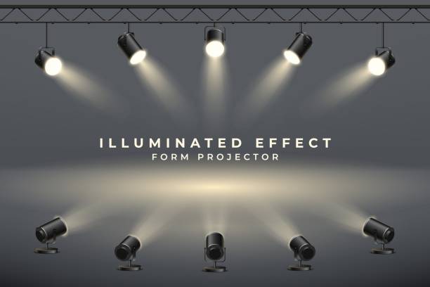 illustrations, cliparts, dessins animés et icônes de arrière-plan des projecteurs, projecteurs de scène, suspensions 3d et lampes sur pied. effet de concert réaliste pour studio ou théâtre, faisceau transparent. bannière avec espace de copie. toile de fond d’illustration vectorielle - projecteur