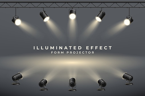 Spotlights background, stage projectors, 3d hanging and standing lamps. Realistic concert effect for studio or theater, transparent beam. Banner template with copy space. Vector illustration backdrop