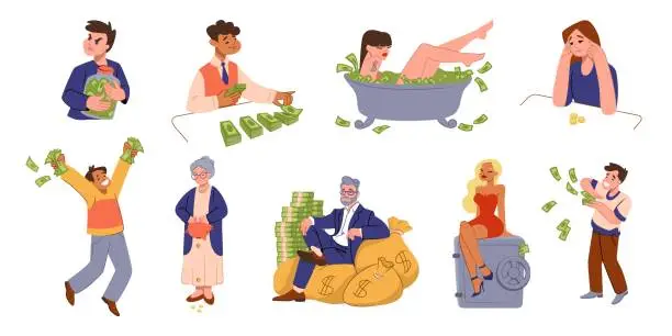 Vector illustration of Poverty and richness characters. Money spending. Success and careless finance people. Businessman and woman employee unequal salary. Rich person. Stingy man. Vector flat concepts set