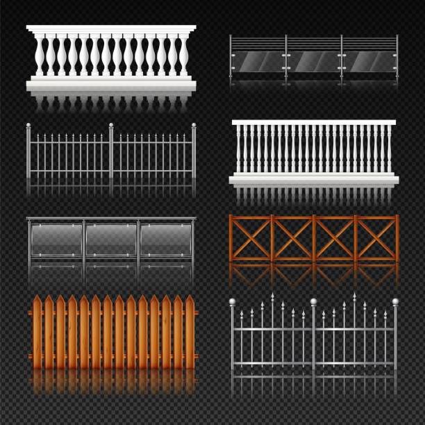 Balcony railing. Metal or glass handrail. Wooden terrace fence with banister. Steel stairway in building. Architecture elements. Realistic enclosures set. Vector design construction Balcony railing. Metal or glass handrail. Wooden terrace fence with banister. Steel stairway in building. Rural balustrade. Architecture elements. Realistic enclosures set. Vector design construction baluster stock illustrations