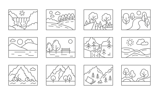 Landscape icon landscape. Outline mountain, meadow and desert. Nature sea and park, summer natural valley hills or river, forest camping. Square frames. Adventure scenery set. Vector isolated symbols