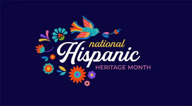 Vector illustration of Hispanic heritage month. Vector web banner, poster, card for social media, networks. Greeting with national Hispanic heritage month text, flowers on floral pattern background
