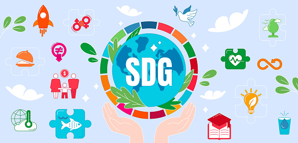 Flat icons of sustainable development goals by united nations. SDG signs on blue background. Global social targets to save planet, improve life and solve social problems in the world.