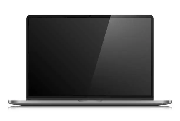 Vector illustration of Realistic laptop layout with a dark silver case. A laptop with an empty black screen with a glare on a white background.