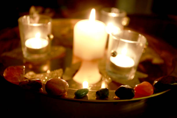 istock Sacre geometry with candle, gemstone and flower with pure intention for full moon or new moon 1680646747