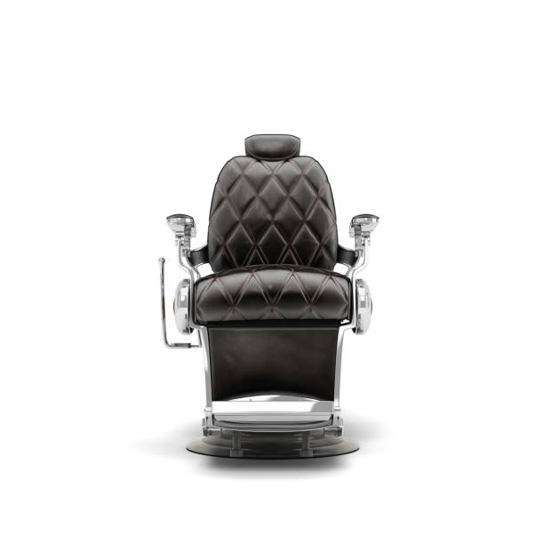 istock Retro black leather barber chair with chrome inserts flront view 3d render on white 1680666609