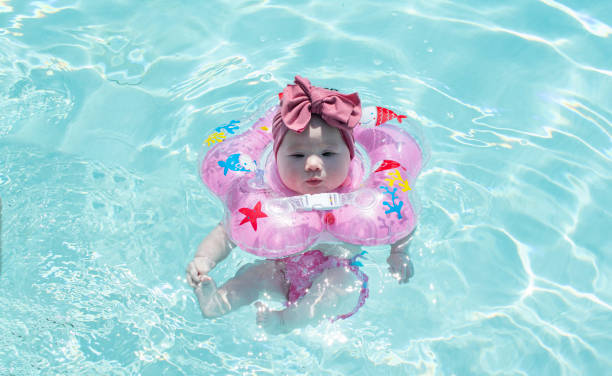 istock Baby swimming with neck swim ring in pool 1680672093