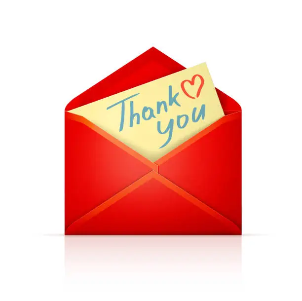 Vector illustration of Red envelope with Manila letter on a white background and text Thank You with Heart