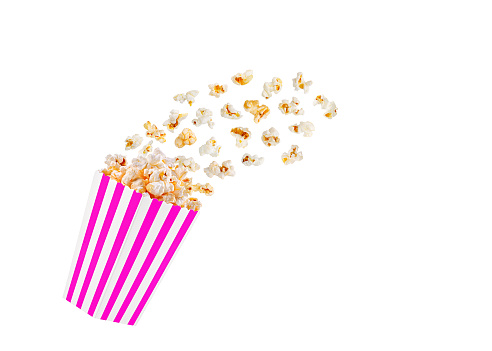 box pink with popcorn in flight on a white transparent background close-up