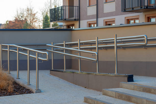 istock Stainless handrail by modern apartment building 1680686186