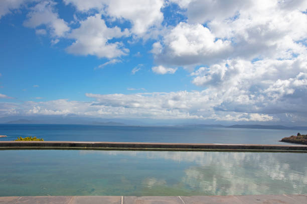 Swimming pool near seaside with clear blue sky