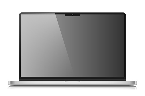 Realistic laptop layout with a silver case. A laptop with an empty gray screen with a glare on a white background. Vector illustration.