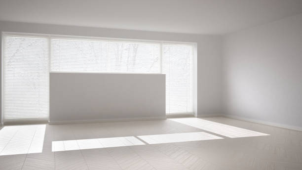 istock Empty room background with herringbone parquet and big window with venetian blind, white modern architecture interior design 1680692701