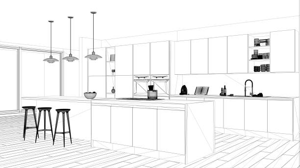 istock Interior design project, black and white ink sketch, architecture blueprint showing minimalist kitchen with island and big panoramic window, parquet and pendant lamps 1680692712