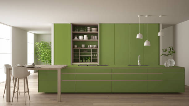 istock White and green minimalist kitchen in eco friendly apartment, island, table, stools and open cabinet with accessories, window, bamboo, hydroponic vases, parquet , interior design idea 1680693243