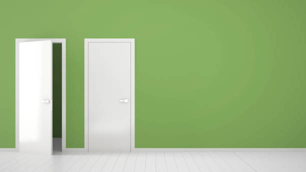 istock Empty green room interior design with open and closed doors with frame, door handles, wooden white floor. Choice, decision, selection, option concept idea with copy space 1680693280