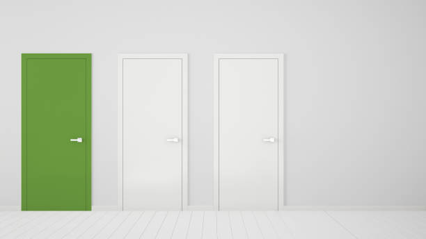 istock Empty white room interior design with closed doors with frame, one green door, wooden white floor. Choice, decision, selection, option concept idea with copy space 1680693637