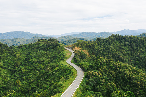 Using a drone to take photos of the road Nan province, The north of Thailand