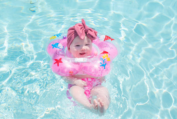 istock Baby swimming with neck swim ring in pool 1680698083