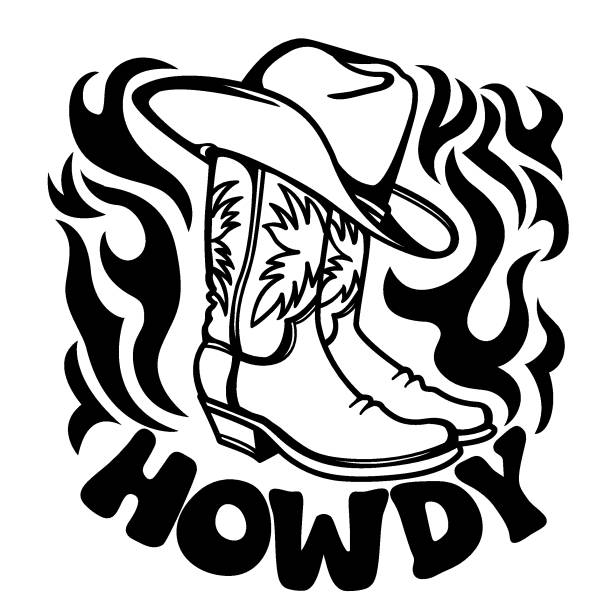 Cowboy boots and hat printable graphic illustration isolated on white for design. Vector outline illustration of Rodeo clothes for cowboys. Cowboy boots and hat printable graphic illustration isolated on white for design. Vector outline illustration of Rodeo clothes for cowboys officer boots stock illustrations
