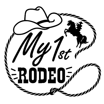 My first rodeo lasso frame vector printable illustration isolated on white for design. Cowboy with lasso frame on wild horse hand drawn American illustration with text.
