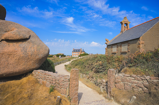 Panoramic view of Ploumanach lighthouse, Brittany, Cote de Granite Rose,France.