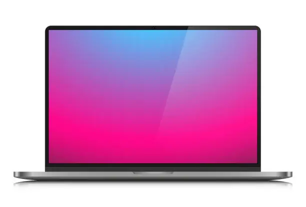 Vector illustration of Realistic laptop with a color gradient screen and glare on a white background.