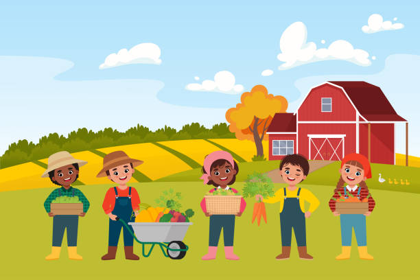 농장에서 수확하는 아이들. 수확, 농산물 시장 축제 개념. 귀여운 플랫 스타일의 벡터 그림 - farm pumpkin autumn farmer stock illustrations
