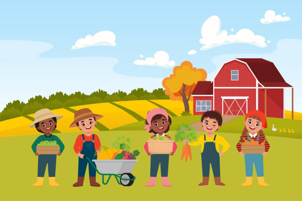 Children Harvesting at the farm. Harvesting, farm market festival concept. Vector illustration in cute flat style Children Harvesting at the farm. Harvesting, farm market festival concept. Vector illustration in a cute flat style farm cartoon animal child stock illustrations