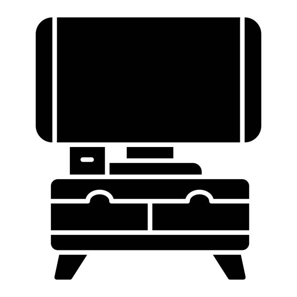 침대 옆 탁자에 있는 tv, 인테리어 디자인 컨셉, 흰색 배경에 있는 나이트스탠드 표지판에 있는 tv, 연석 아이콘 글리프 스타일의 모바일 개념에 있는 tv. 벡터 그래픽. - curbstone stock illustrations