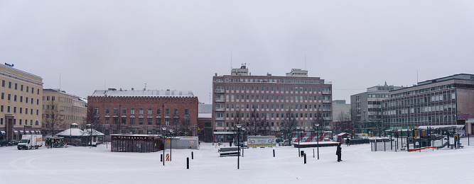 Panorama of the Hameenlinna Market Square in winter. Hameenlinna, Finland. February 23, 2023.