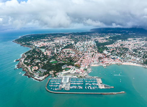 Beautiful aerial vibrant view of Boca Do Inferno (Hell's Mouth), Cascais, District of Lisbon, Portugal, shot from drone