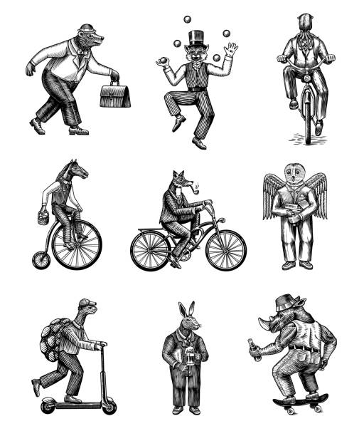 Fox on a bicycle, Cat juggler, turtle on a scooter. Bear, horse, hare, Owl, Squid. Fashion Animal characters set. Hand drawn sketch. Vector engraved illustration for label, logo and T-shirts