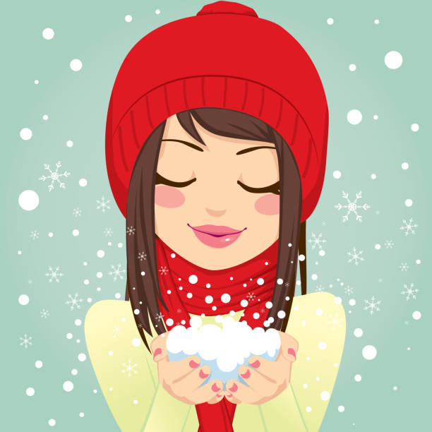 Girl Blowing Snowflakes vector art illustration