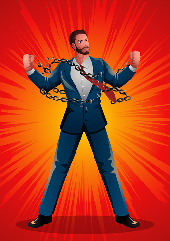 Illustration of a businessman breaking chains, symbolising freedom from limitations. Representing tenacity, liberation, resilience, achievement, and overcoming obstacles in the business world