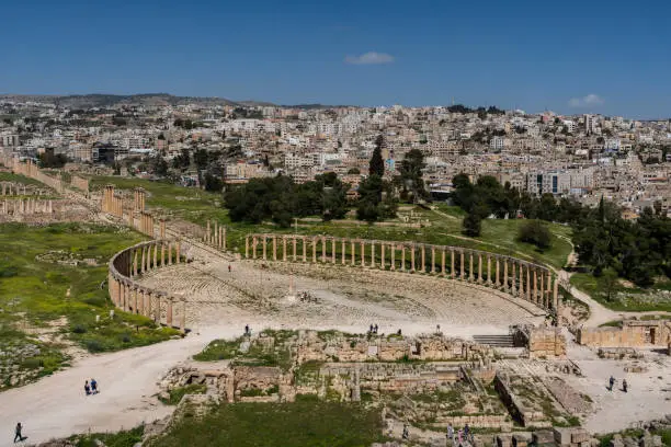 Panoramic view of the columns of the cardo Maximus, Ancient Roman city of Gerasa of Antiquity, Jeras