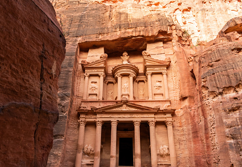 Majestic Al Khazneh (The Treasury), ancient city of Petra. Historical and archaeological city in southern Jordan. Travel destinations
