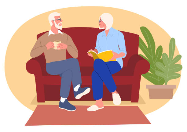 ilustrações de stock, clip art, desenhos animados e ícones de elderly couple comfortably engaged in a sofa conversation - gossip couple love concepts