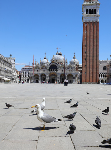 Venice, Italy - May 21, 2018. Sculptures and architectural details of Doge's Palace at Saint Mark's Square, Venice, Italy.