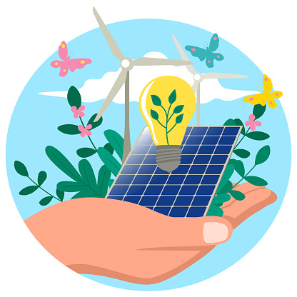 Hand holding renewable energy icons adorned with natures beauty. A harmonious blend of sustainability and innovation, ideal for projects promoting eco-friendly practices and a balanced future