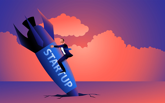 Illustration of a businessman aboard a falling startup rocket. A visual representation of the risks and uncertainties faced in the business world