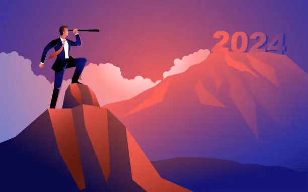 Vector illustration of Businessman looking at the fuzziness of the year 2024 through telescope
