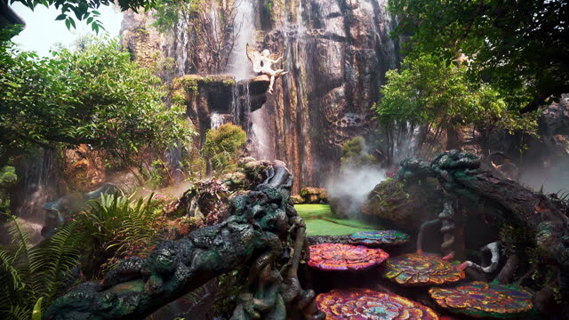 Rushing waterfall above bridge in tropical garden with angel statue.