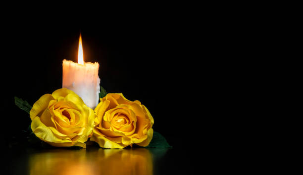 istock LIGHTED CANDLE AND TWO YELLOW ROSES ON DARK BACKGROUND. 1680846418