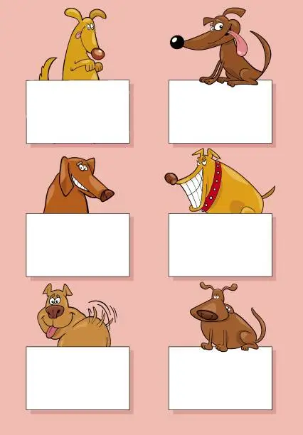 Vector illustration of cartoon dogs and puppies with cards design set