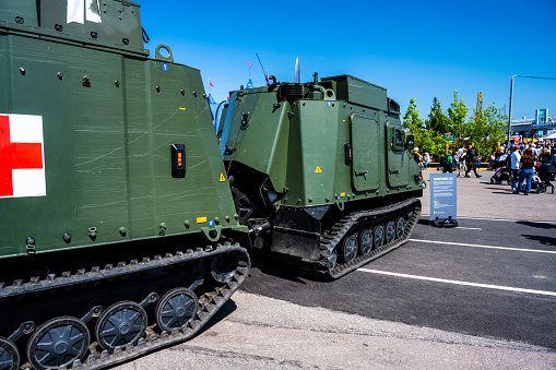 Gothenburg, Sweden - June 03 2023: Swedish BAE Systems Land Systems Hägglunds BvS10 MkIIB all-terrain armoured vehicle on display.