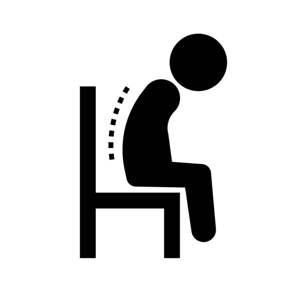 ilustraciones, imágenes clip art, dibujos animados e iconos de stock de persona encorvada sentada en el icono de la silla. vector. - posture office isolated physical injury