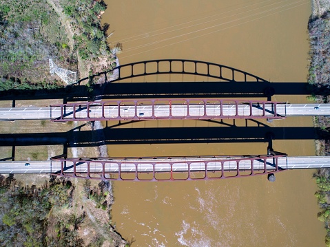 Aerial view of the Interstate 65 Dolly Parton Bridge in Mobile, Alabama, United States