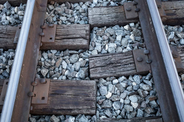 istock Overhead view of staggered railroad tracks ties 1680876976